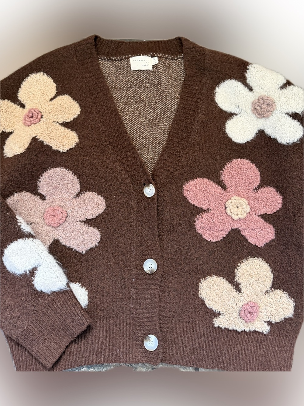 Brown Floral Appliqué V-Neck Cardigan Sweater 0031